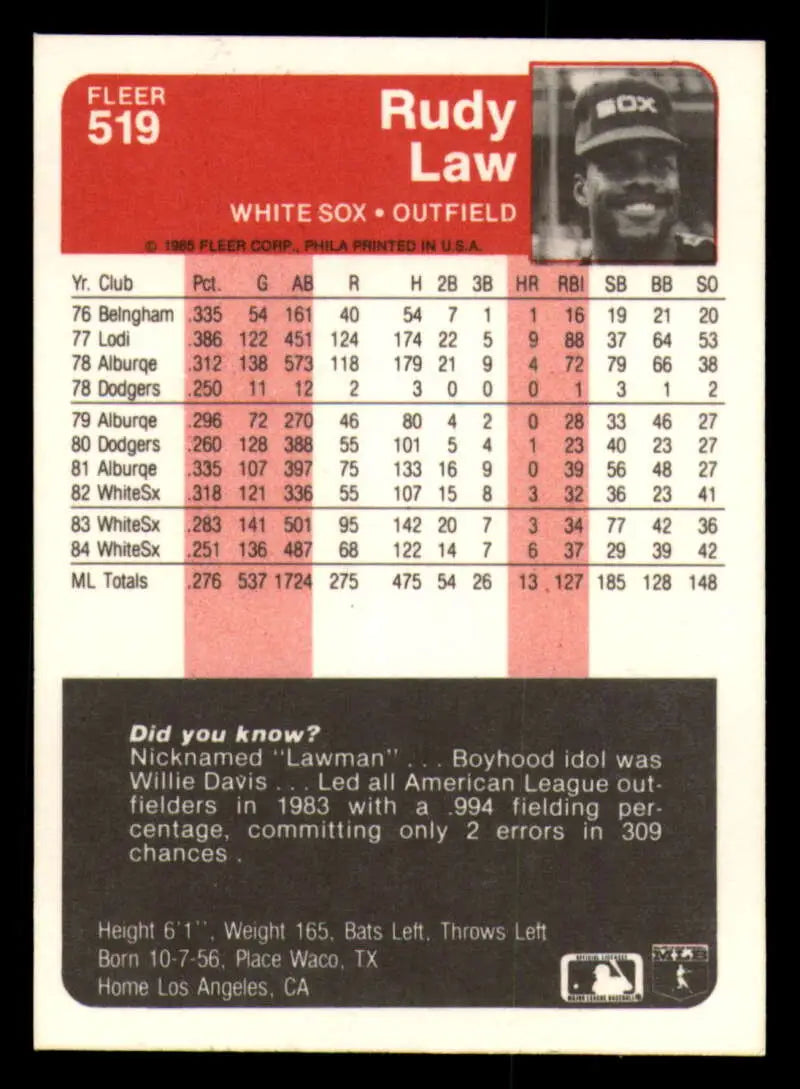 1985 Fleer #519 Rudy Law EX Excellent Chicago White Sox Baseball Card - Baseball Card Single
