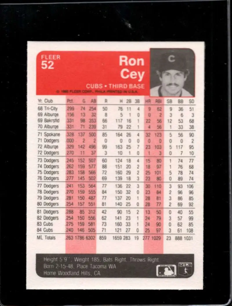 1985 Fleer #52 Ron Cey EX Excellent Chicago Cubs Baseball Card - Baseball Card Single