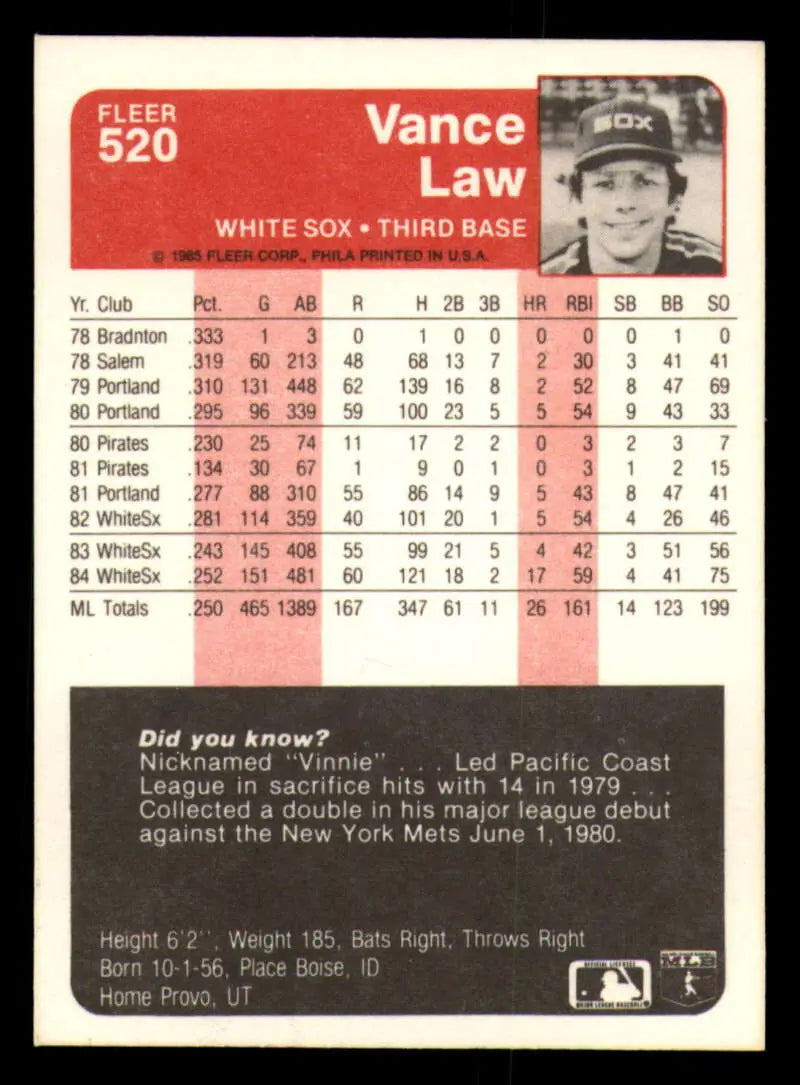 1985 Fleer #520 Vance Law EX Excellent Chicago White Sox Baseball Card - Baseball Card Single