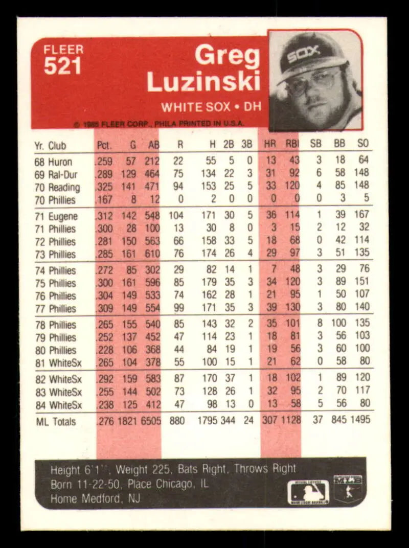 1985 Fleer #521 Greg Luzinski EX Excellent Chicago White Sox Baseball Card - Baseball Card Single