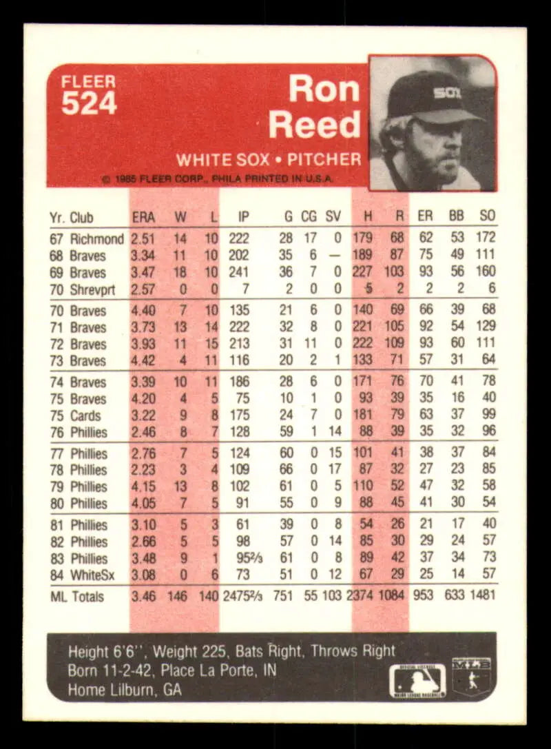 1985 Fleer #524 Ron Reed EX Excellent Chicago White Sox Baseball Card - Baseball Card Single