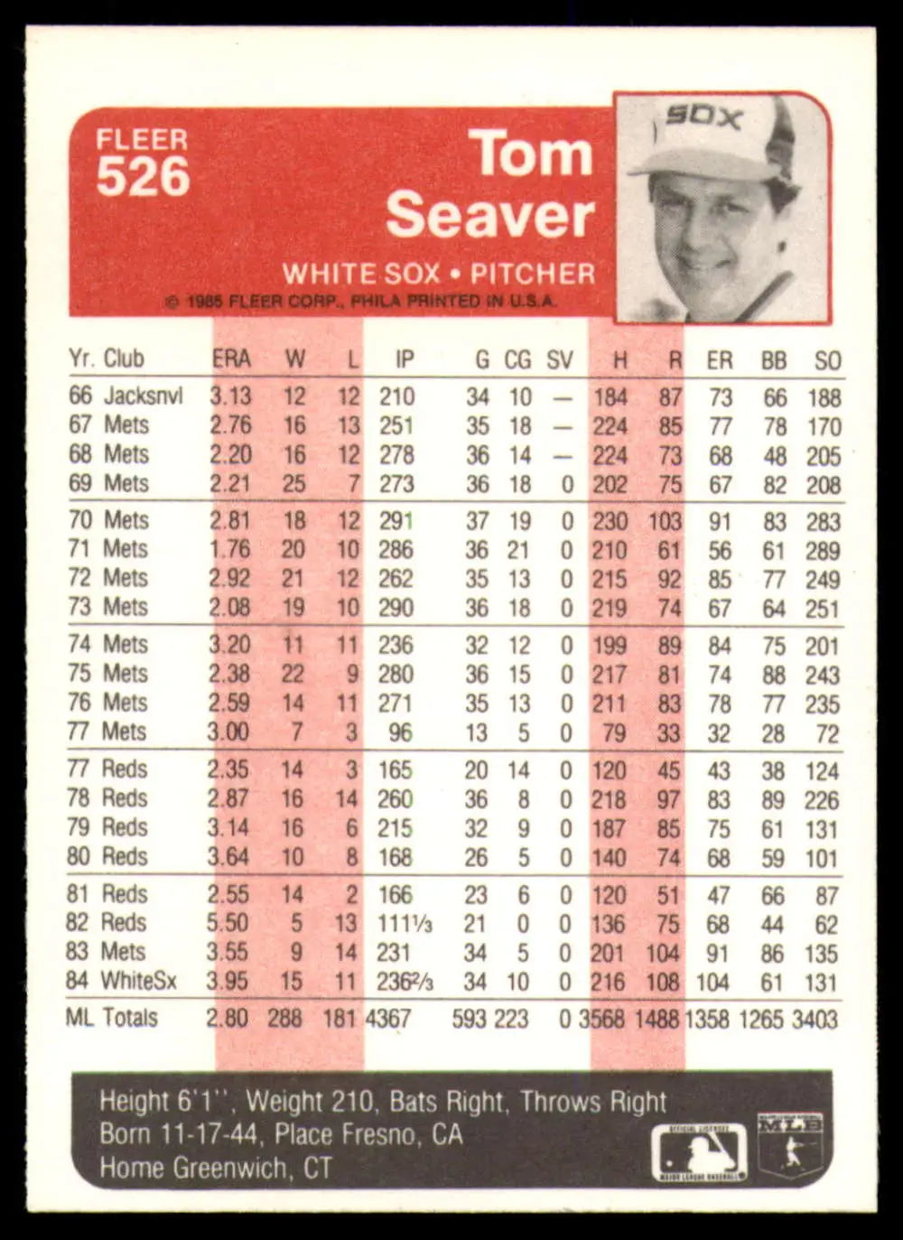1985 Fleer #526 Tom Seaver EX Excellent Chicago White Sox Baseball Card - Baseball Card Single