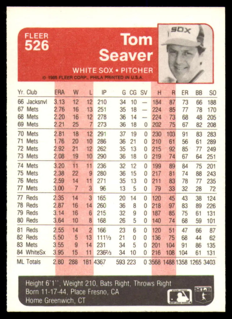 1985 Fleer #526 Tom Seaver EX Excellent Chicago White Sox Baseball Card - Baseball Card Single