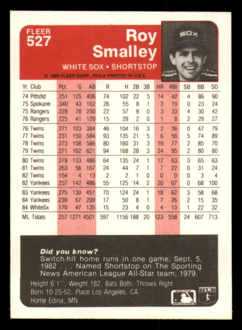 1985 Fleer #527 Roy Smalley EX Excellent Chicago White Sox Baseball Card - Baseball Card Single