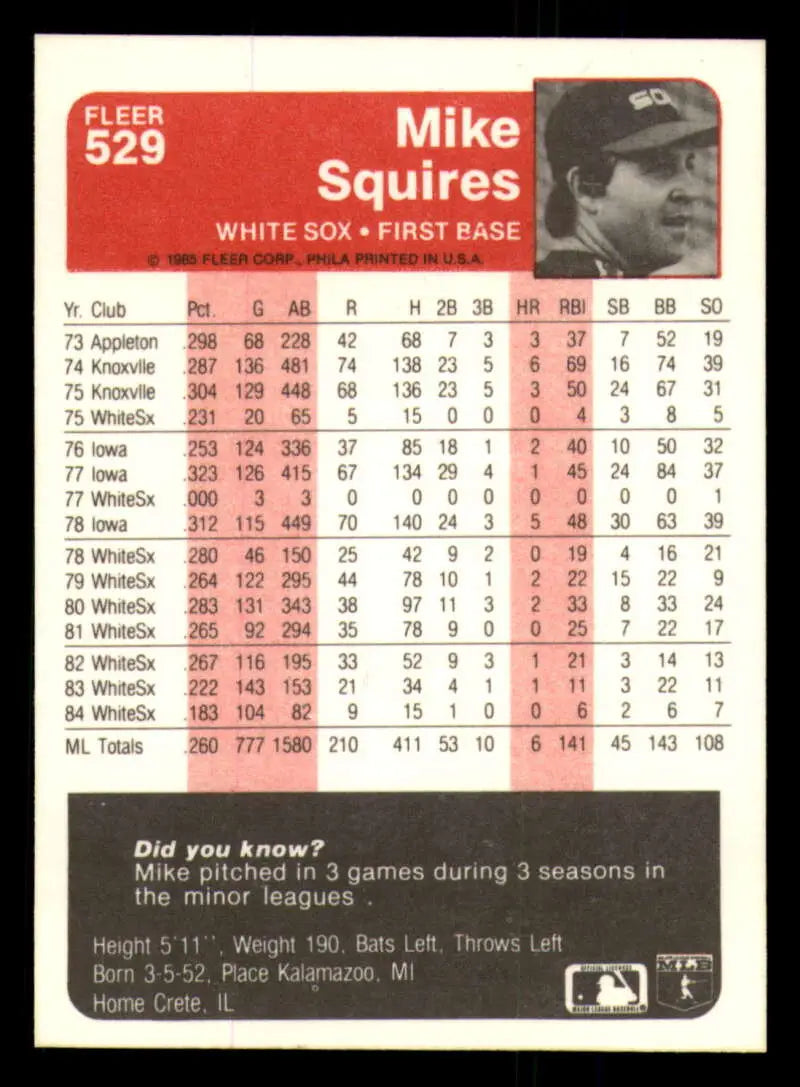 1985 Fleer #529 Mike Squires EX Excellent Chicago White Sox Baseball Card - Baseball Card Single