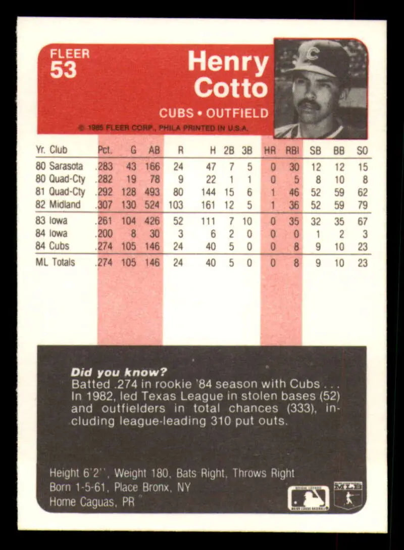 1985 Fleer #53 Henry Cotto EX Excellent RC Rookie Chicago Cubs Baseball Card - Baseball Card Single