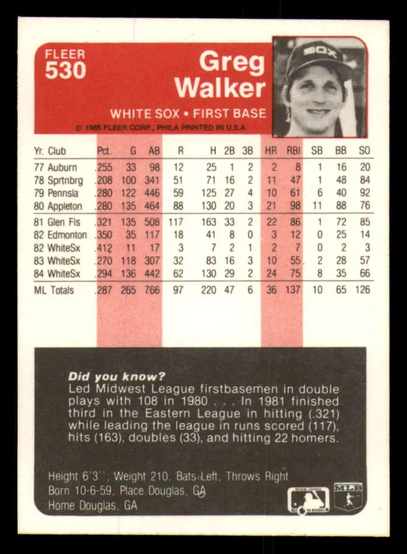 1985 Fleer #530 Greg Walker EX Excellent Chicago White Sox Baseball Card - Baseball Card Single