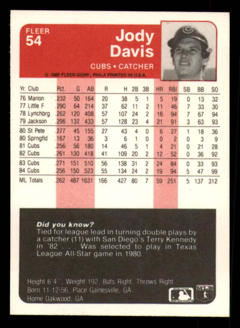 1985 Fleer #54 Jody Davis EX Excellent Chicago Cubs Baseball Card - Baseball Card Single