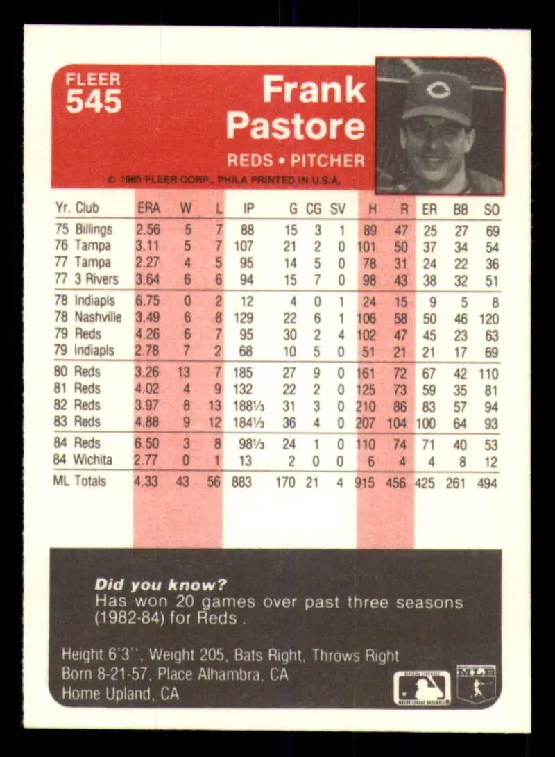 1985 Fleer #545 Frank Pastore EX Excellent Cincinnati Reds Baseball Card - Baseball Card Single