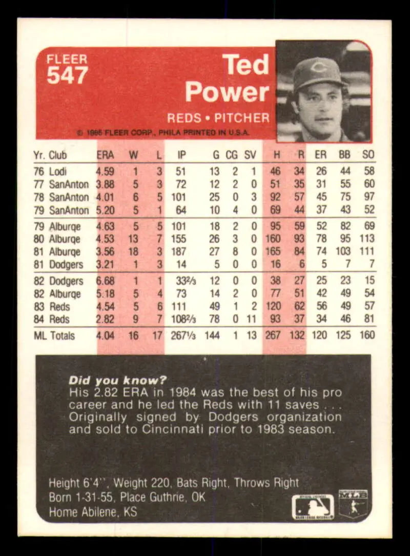 1985 Fleer #547 Ted Power EX Excellent Cincinnati Reds Baseball Card - Baseball Card Single