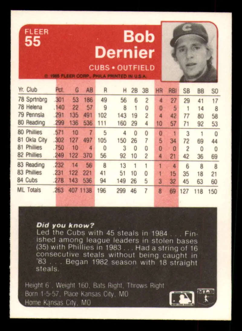 1985 Fleer #55 Bob Dernier EX Excellent Chicago Cubs Baseball Card - Baseball Card Single