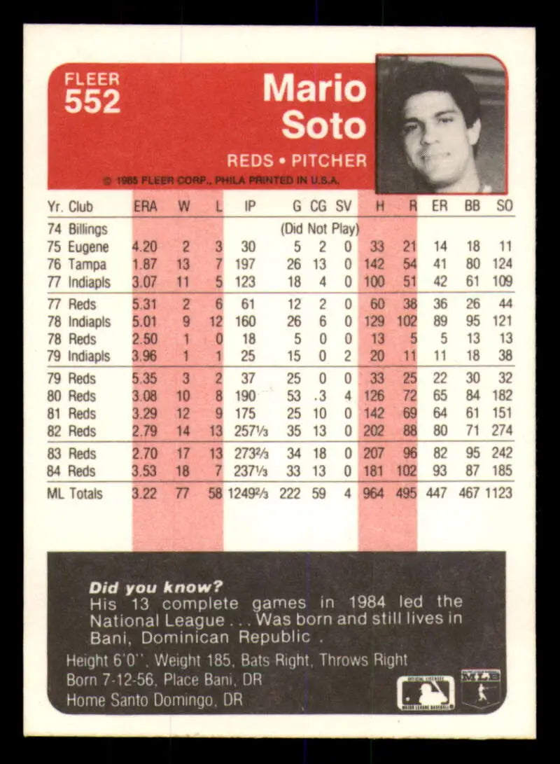 1985 Fleer #552 Mario Soto EX Excellent Cincinnati Reds Baseball Card - Baseball Card Single
