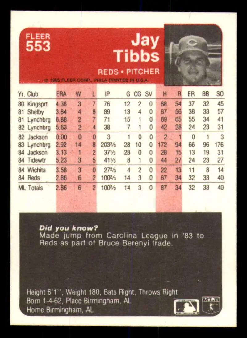1985 Fleer #553 Jay Tibbs EX Excellent Cincinnati Reds Baseball Card - Baseball Card Single