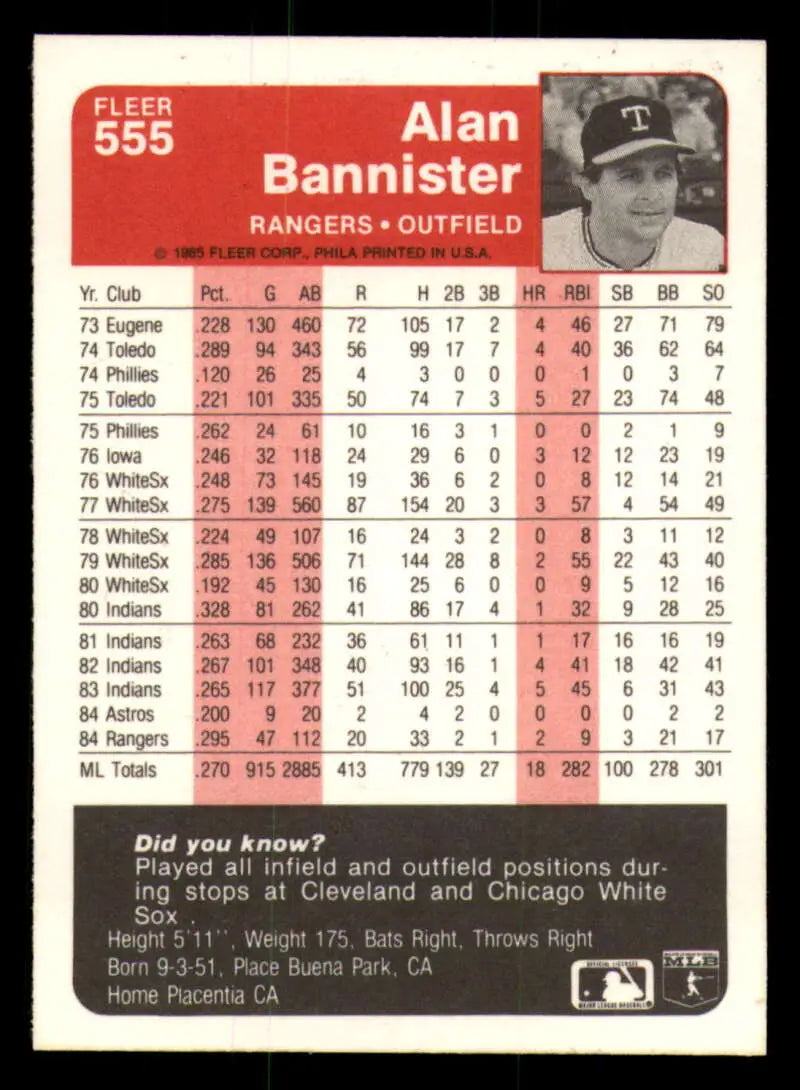 1985 Fleer #555 Alan Bannister EX Excellent Texas Rangers Baseball Card - Baseball Card Single