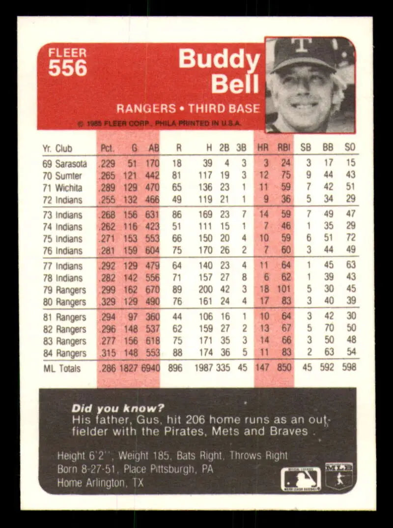 1985 Fleer #556 Buddy Bell EX Excellent Texas Rangers Baseball Card - Baseball Card Single