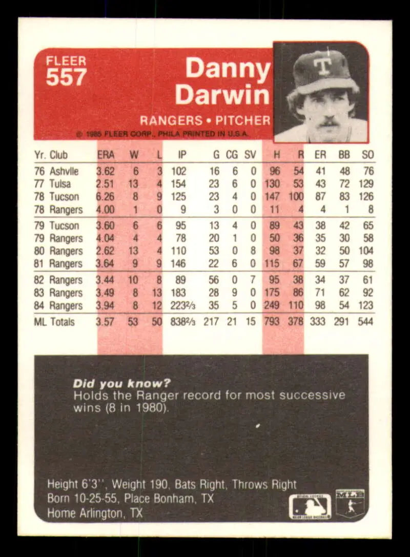 1985 Fleer #557 Danny Darwin EX Excellent Texas Rangers Baseball Card - Baseball Card Single