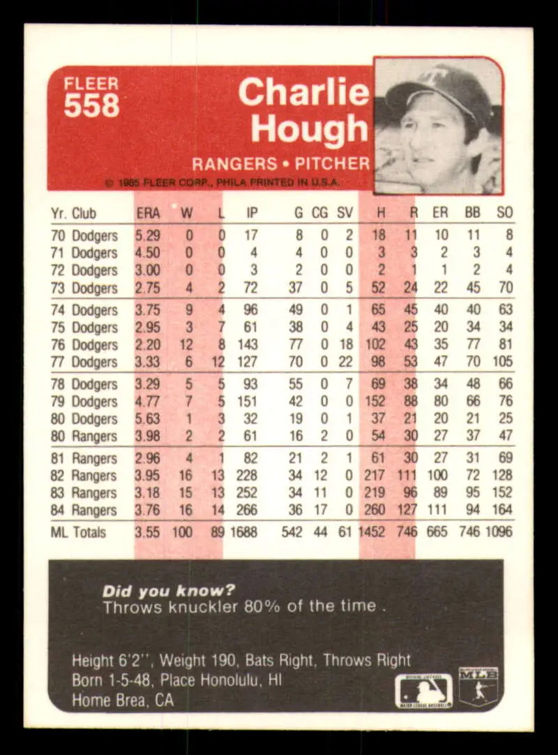 1985 Fleer #558 Charlie Hough EX Excellent Texas Rangers Baseball Card - Baseball Card Single