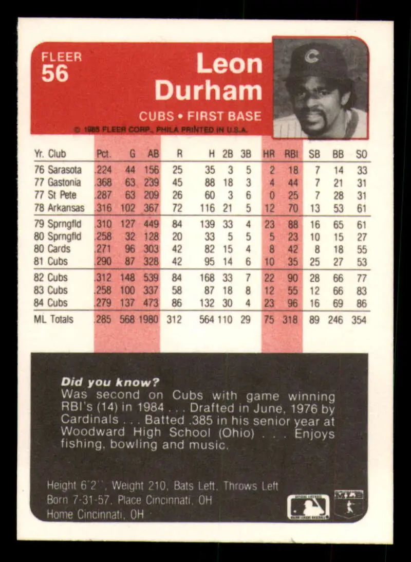 1985 Fleer #56 Leon Durham EX Excellent Chicago Cubs Baseball Card - Baseball Card Single