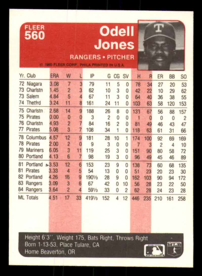 1985 Fleer #560 Odell Jones EX Excellent Texas Rangers Baseball Card - Baseball Card Single