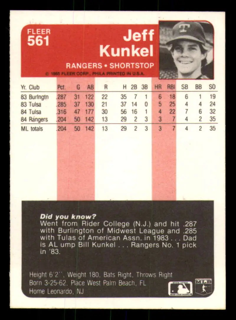 1985 Fleer #561 Jeff Kunkel EX Excellent RC Rookie Texas Rangers Baseball Card - Baseball Card Single