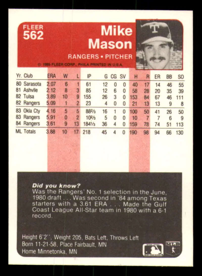 1985 Fleer #562 Mike Mason EX Excellent RC Rookie Texas Rangers Baseball Card - Baseball Card Single