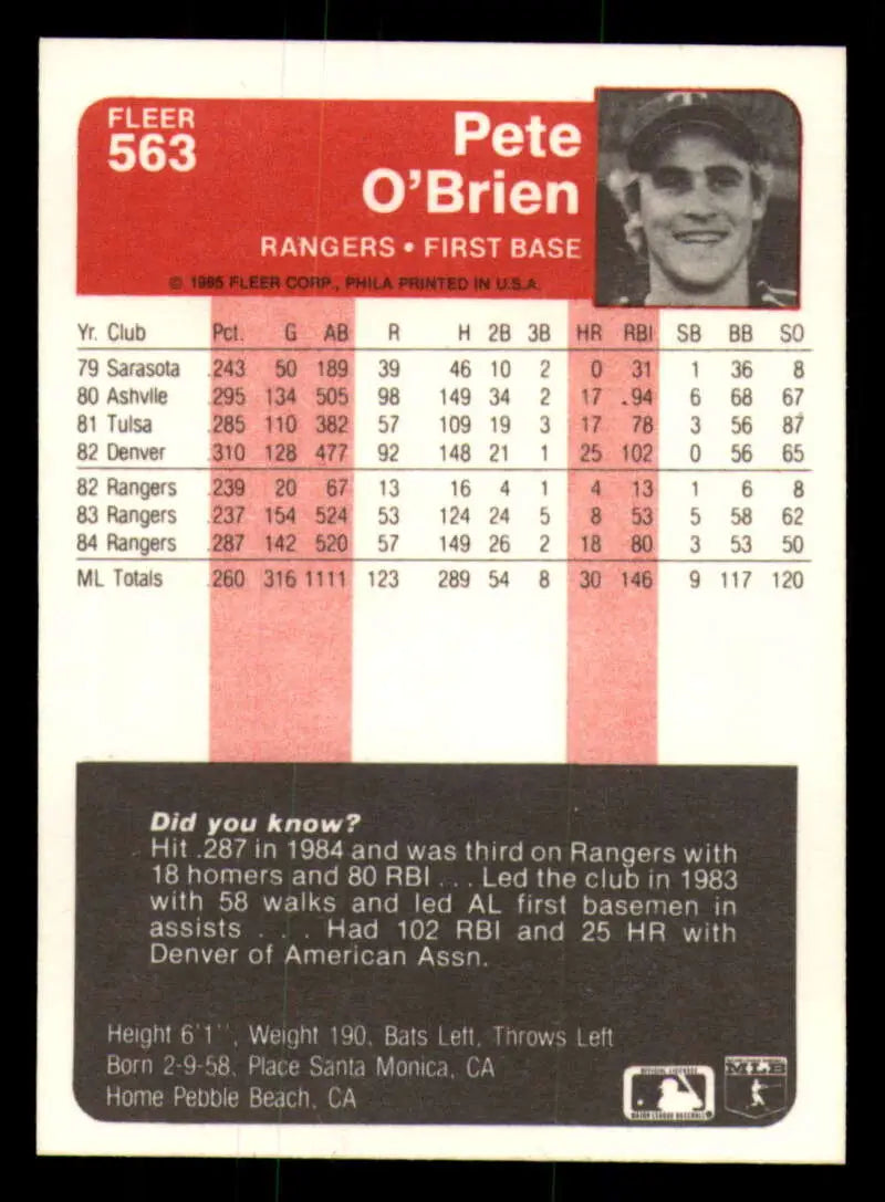 1985 Fleer #563 Pete O’Brien EX Excellent Texas Rangers Baseball Card - Baseball Card Single