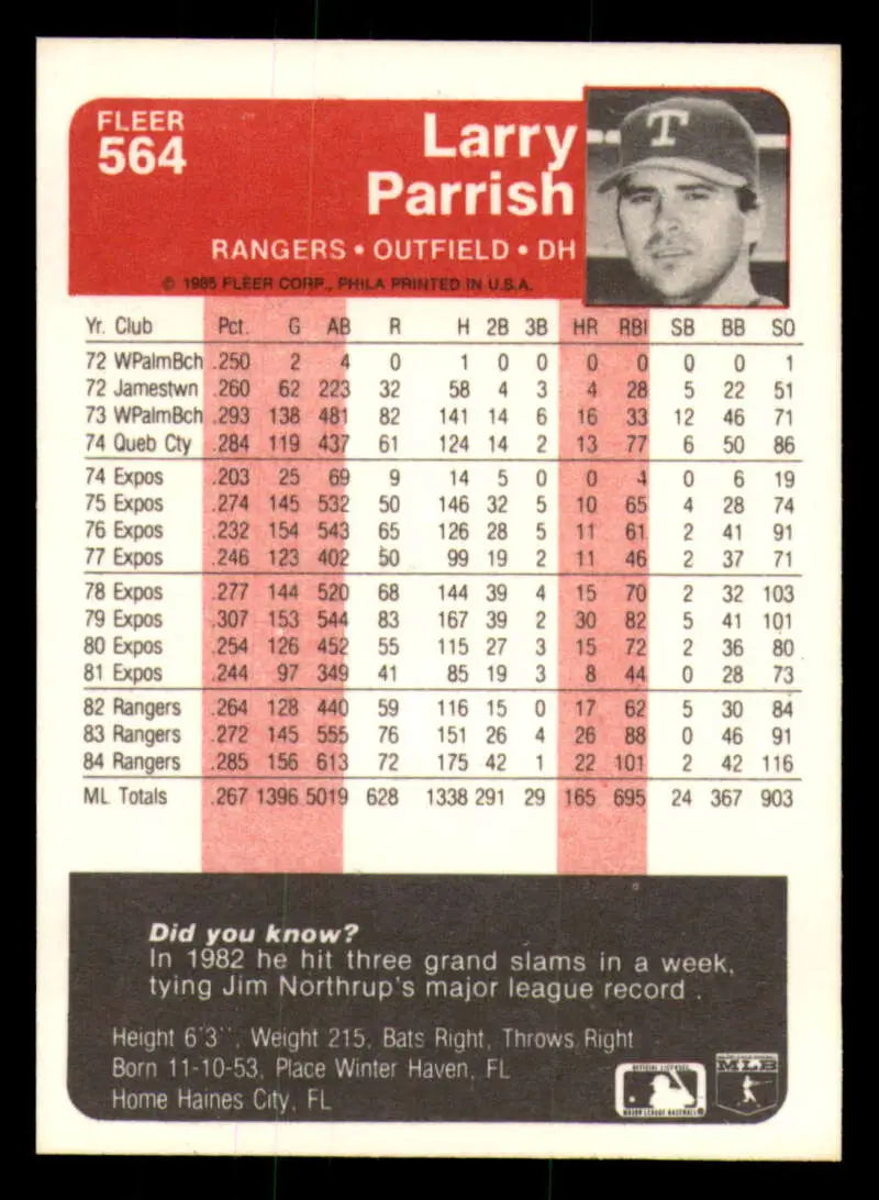 1985 Fleer #564 Larry Parrish EX Excellent Texas Rangers Baseball Card - Baseball Card Single