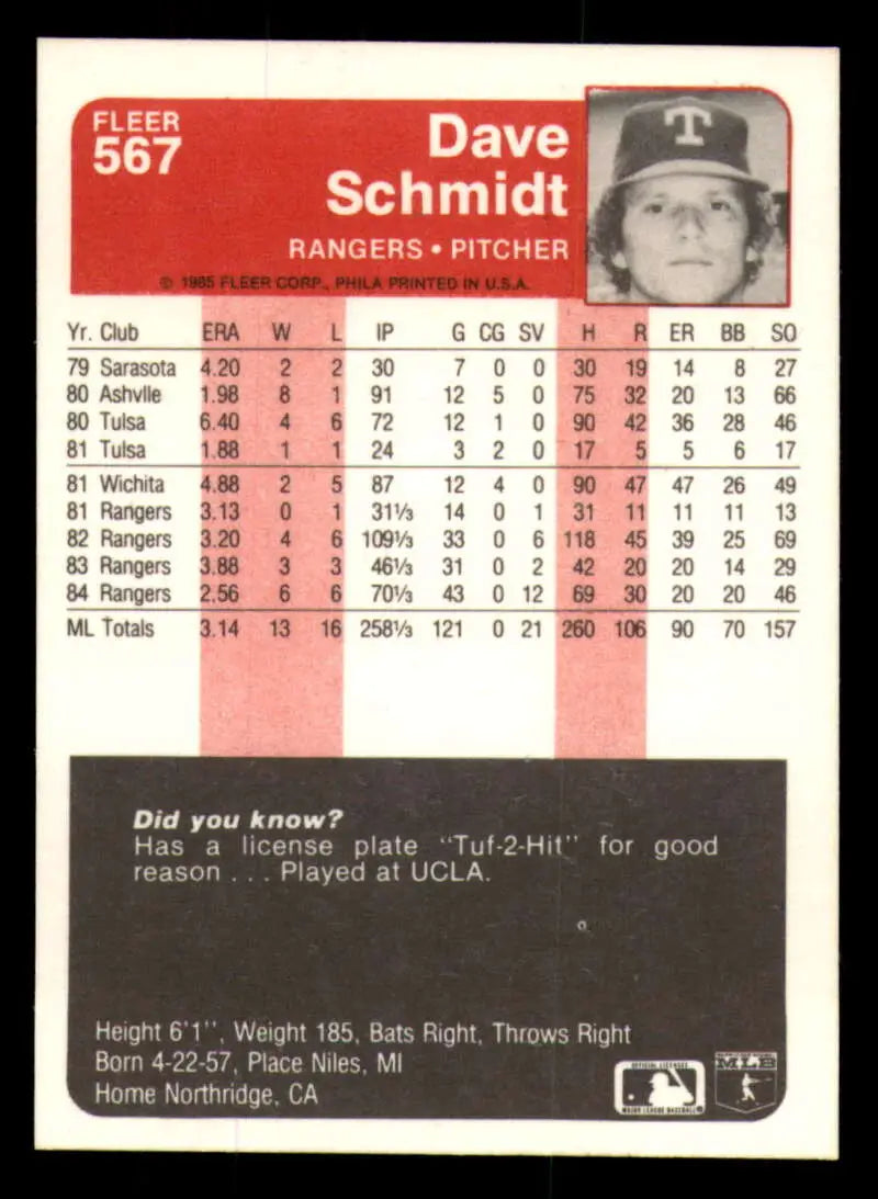 1985 Fleer #567 Dave Schmidt EX Excellent Texas Rangers Baseball Card - Baseball Card Single