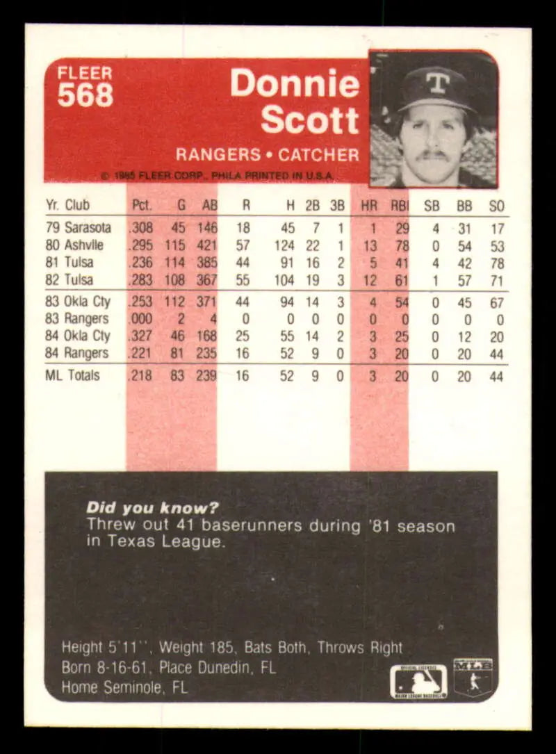 1985 Fleer #568 Donnie Scott EX Excellent Texas Rangers Baseball Card - Baseball Card Single