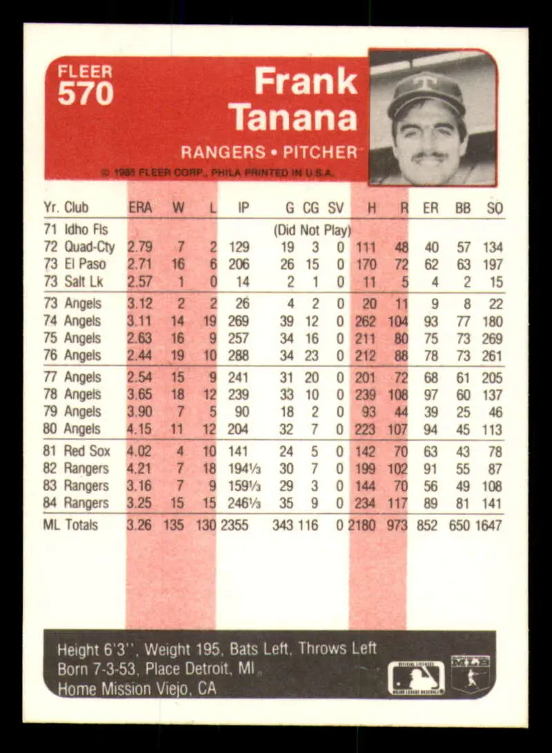 1985 Fleer #570 Frank Tanana EX Excellent Texas Rangers Baseball Card - Baseball Card Single