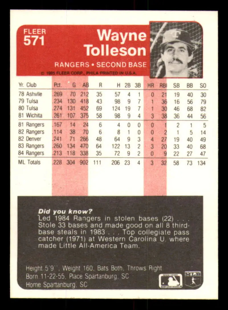 1985 Fleer #571 Wayne Tolleson EX Excellent Texas Rangers Baseball Card - Baseball Card Single