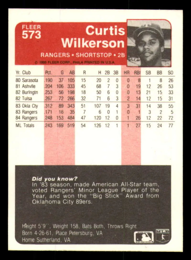 1985 Fleer #573 Curtis Wilkerson EX Excellent Texas Rangers Baseball Card - Baseball Card Single