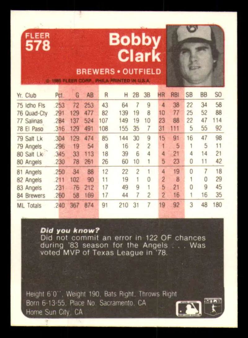 1985 Fleer #578 Bobby Clark EX Excellent Milwaukee Brewers Baseball Card - Baseball Card Single