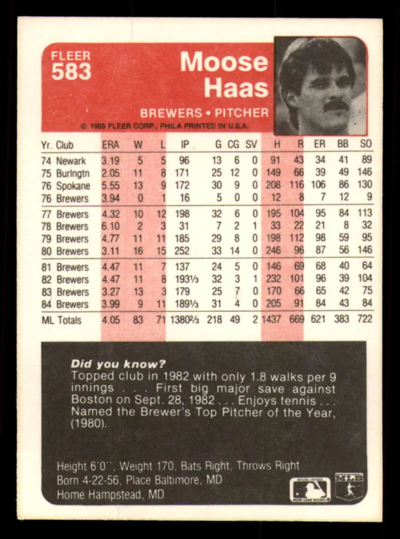 1985 Fleer #583 Moose Haas EX Excellent Milwaukee Brewers Baseball Card - Baseball Card Single