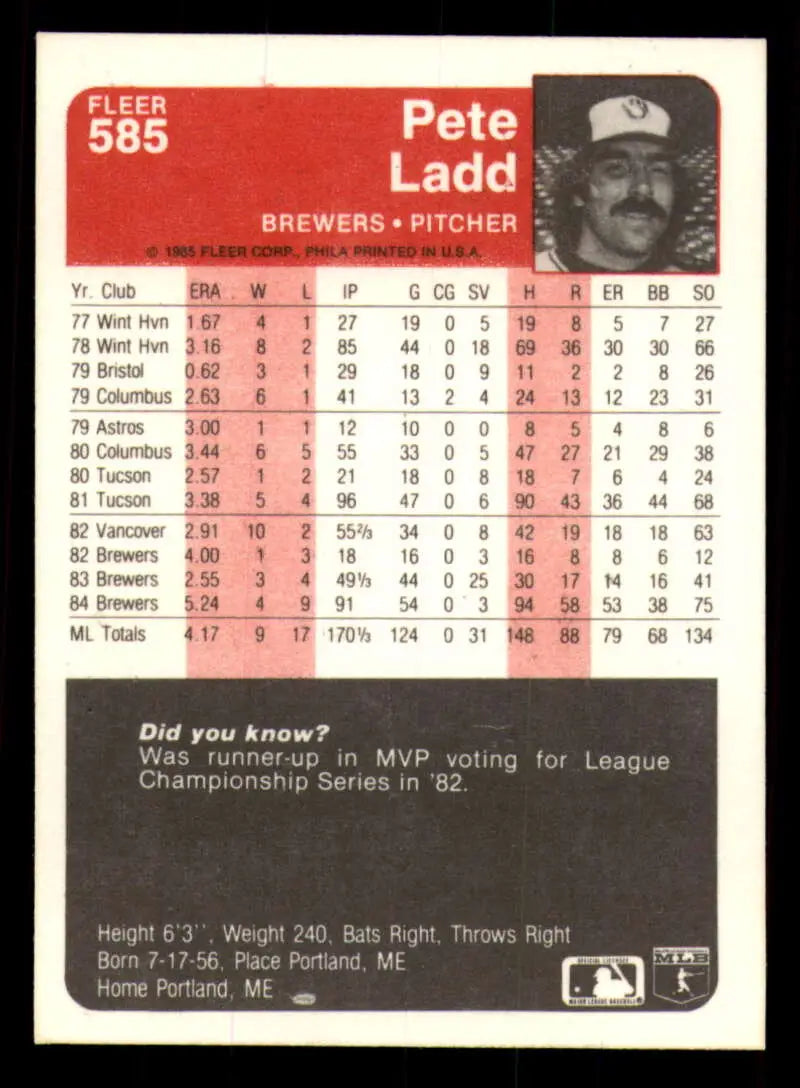 1985 Fleer #585 Pete Ladd EX Excellent Milwaukee Brewers Baseball Card - Baseball Card Single