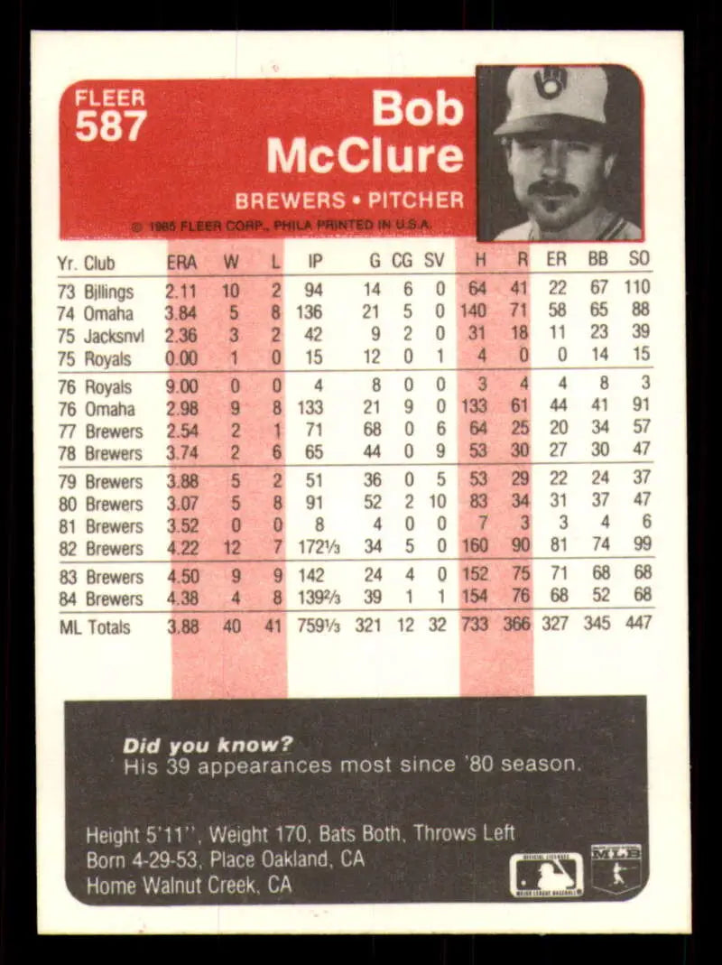 1985 Fleer #587 Bob McClure EX Excellent Milwaukee Brewers Baseball Card - Baseball Card Single