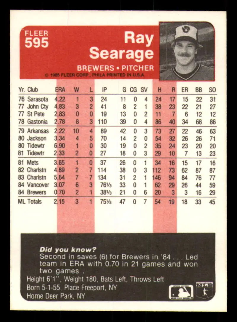 1985 Fleer #595 Ray Searage EX Excellent Milwaukee Brewers Baseball Card - Baseball Card Single