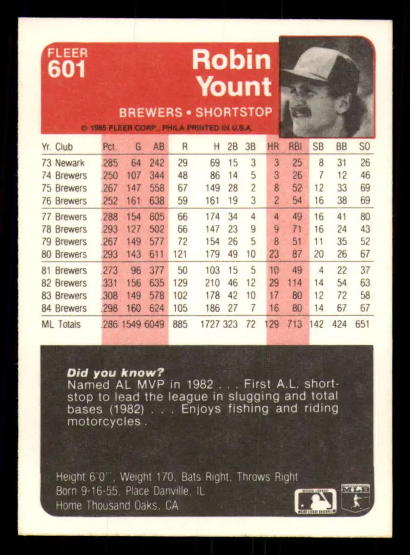 1985 Fleer #601 Robin Yount EX Excellent Milwaukee Brewers Baseball Card - Baseball Card Single