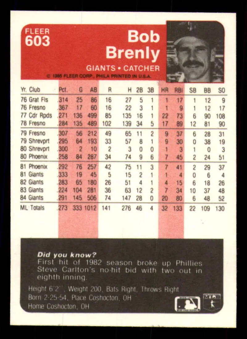 1985 Fleer #603 Bob Brenly EX Excellent San Francisco Giants Baseball Card - Baseball Card Single