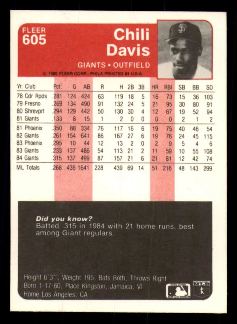 1985 Fleer #605 Chili Davis EX Excellent San Francisco Giants Baseball Card - Baseball Card Single