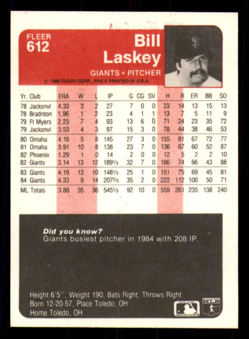 1985 Fleer #612 Bill Laskey EX Excellent San Francisco Giants Baseball Card - Baseball Card Single