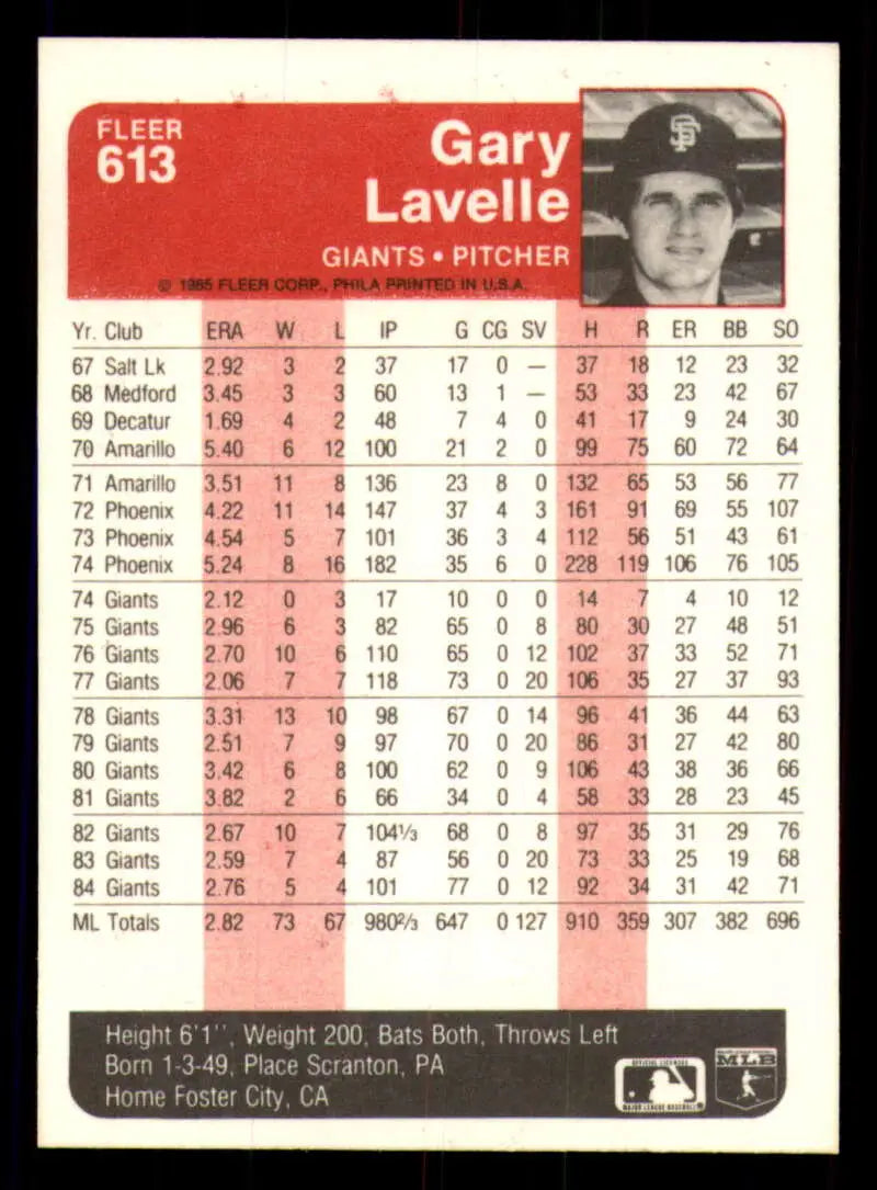 1985 Fleer #613 Gary Lavelle EX Excellent San Francisco Giants Baseball Card - Baseball Card Single