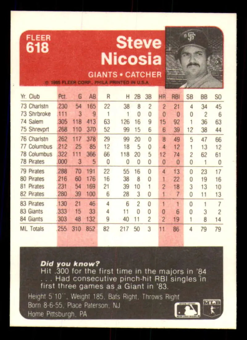 1985 Fleer #618 Steve Nicosia EX Excellent San Francisco Giants Baseball Card - Baseball Card Single