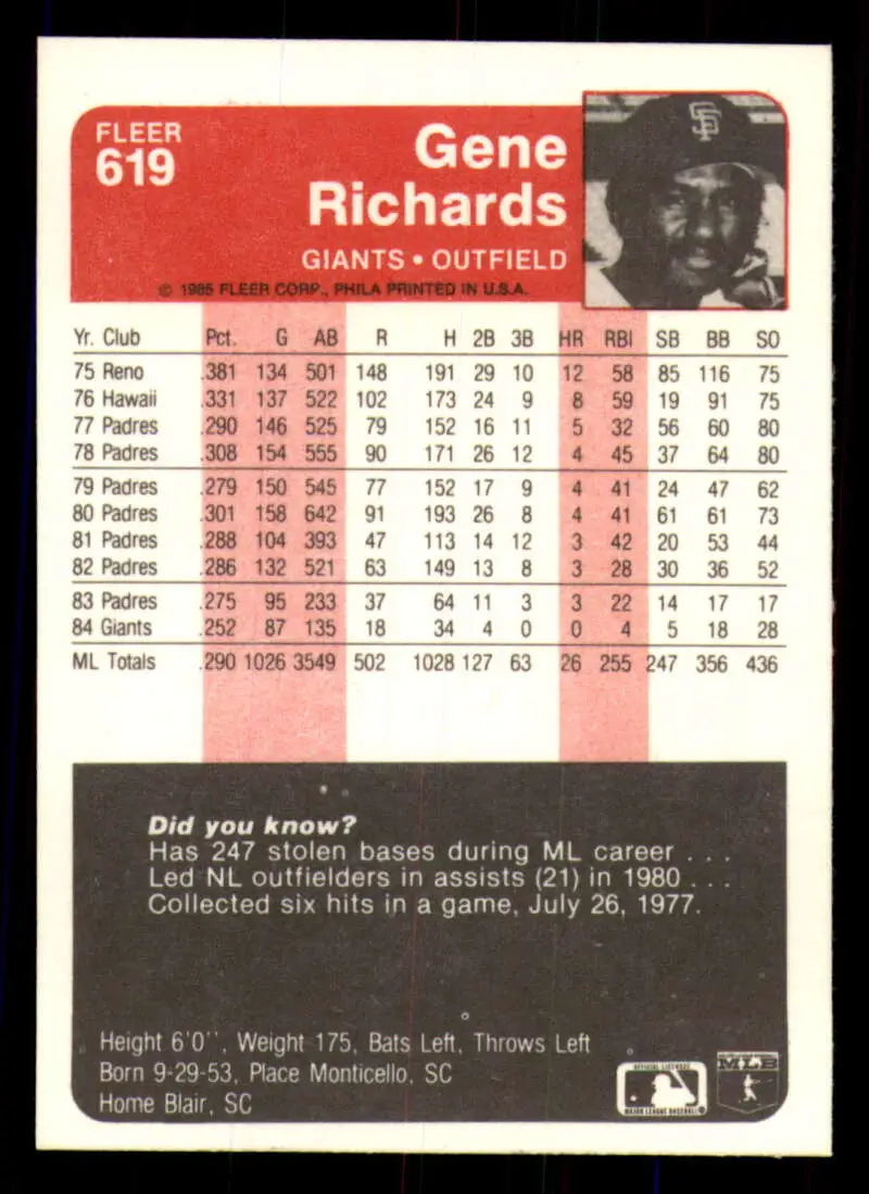 1985 Fleer #619 Gene Richards EX Excellent San Francisco Giants Baseball Card - Baseball Card Single