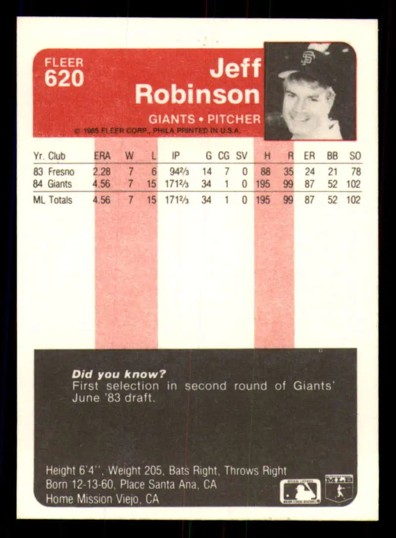 1985 Fleer #620 Jeff Robinson EX Excellent San Francisco Giants Baseball Card - Baseball Card Single