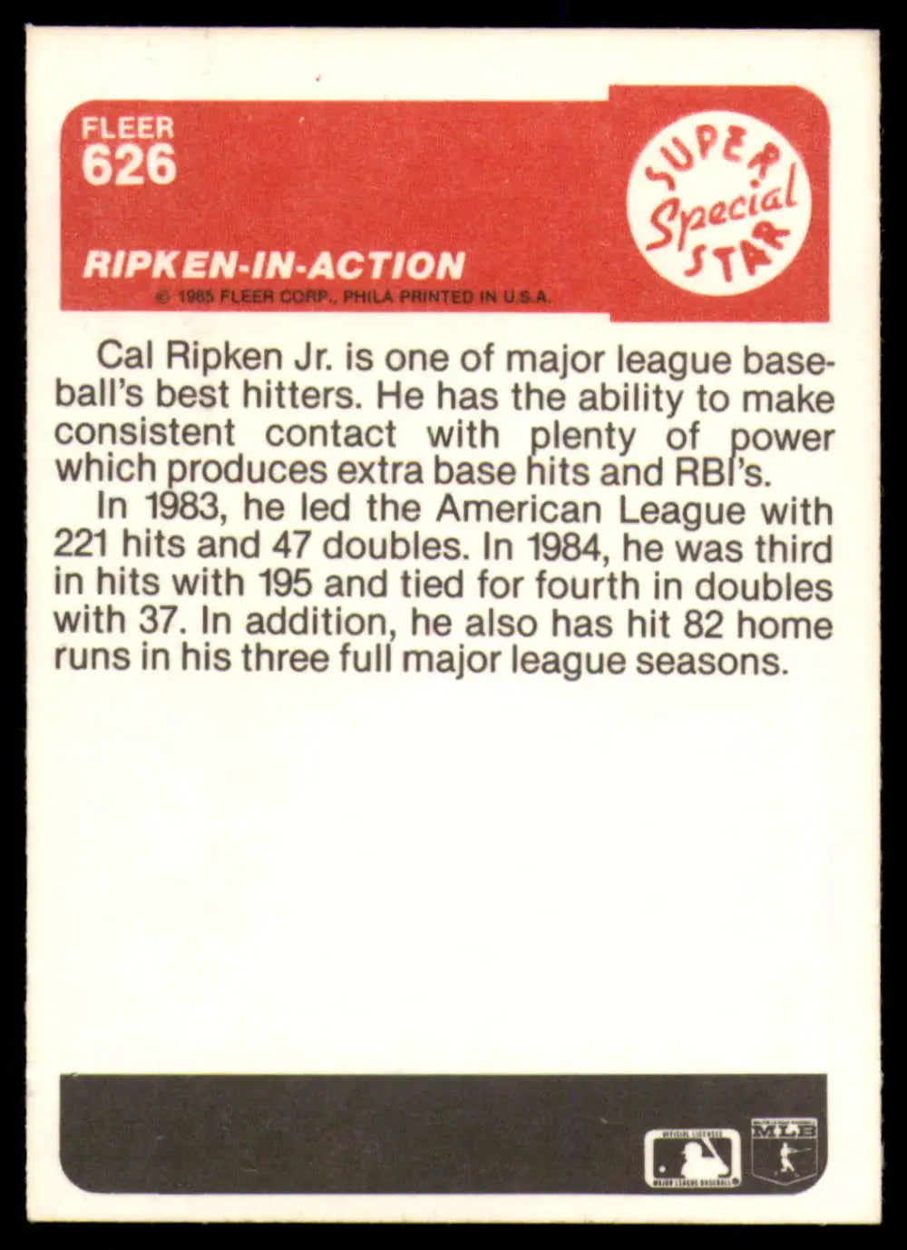 1985 Fleer #626 Cal Ripken Jr. EX Excellent Baltimore Orioles Baseball Card - Baseball Card Single