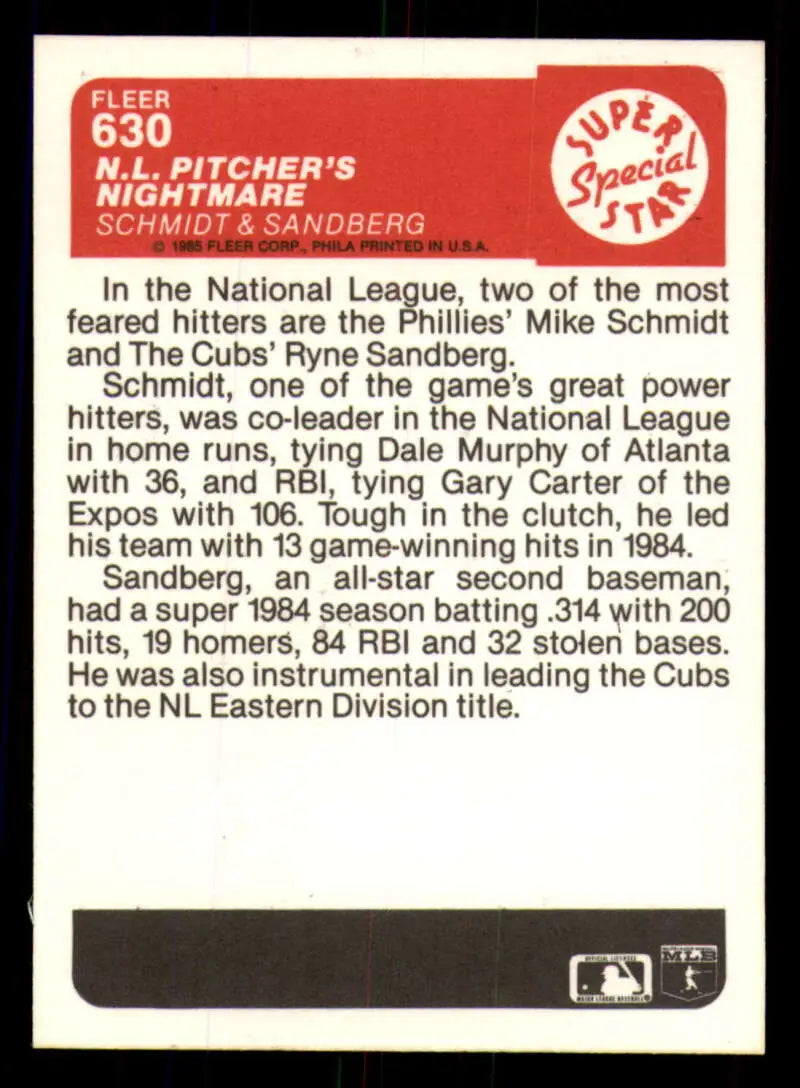 1985 Fleer #630 Mike Schmidt/Ryne Sandberg EX Excellent Philadelphia Phillies/Chicago Cubs Baseball Card - Baseball