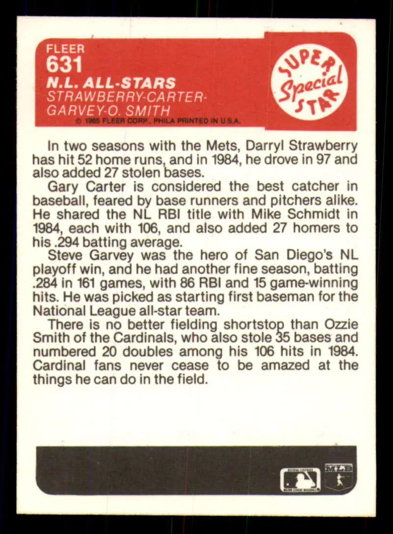 1985 Fleer #631 Darryl Strawberry/Gary Carter/Steve Garvey/Ozzie Smith EX Excellent New York Mets/Montreal Expos/San