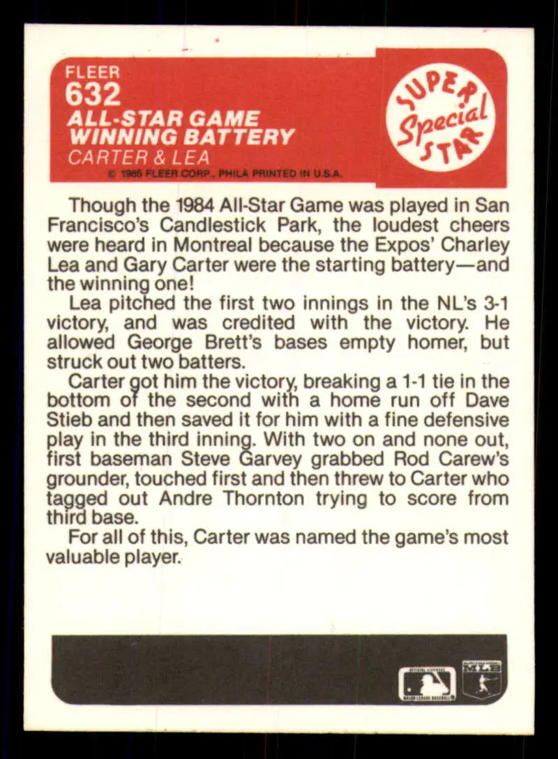1985 Fleer #632 Gary Carter/Charlie Lea EX Excellent Montreal Expos Baseball Card - Baseball Card Single