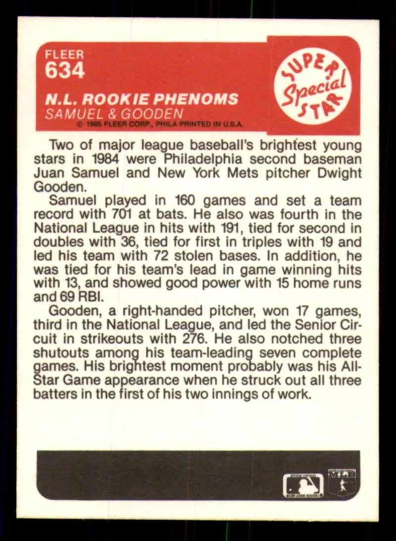1985 Fleer #634 Juan Samuel/Dwight Gooden EX Excellent New York Mets/Philadelphia Phillies Baseball Card - Baseball